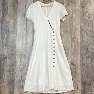 Madewell Petite Linen-Blend Button-Wrap Midi Dress